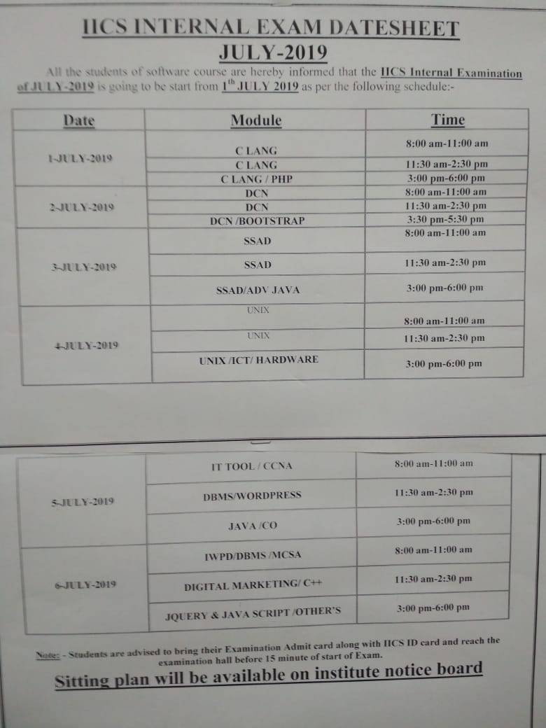 Iics | examination | Datesheet | lagpat nagar | internal exams | July 2019